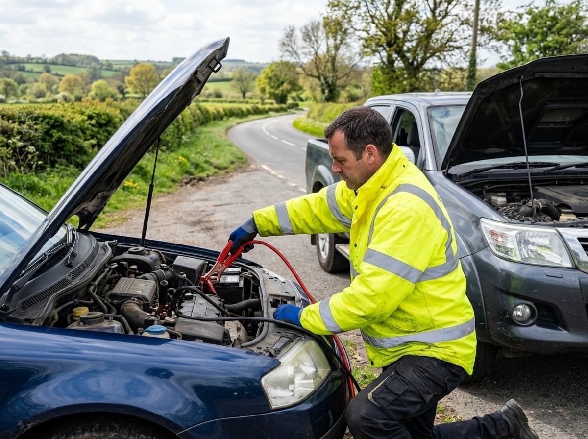 KG Recovery jump-starting a car with a flat battery on a rural Co. Antrim road